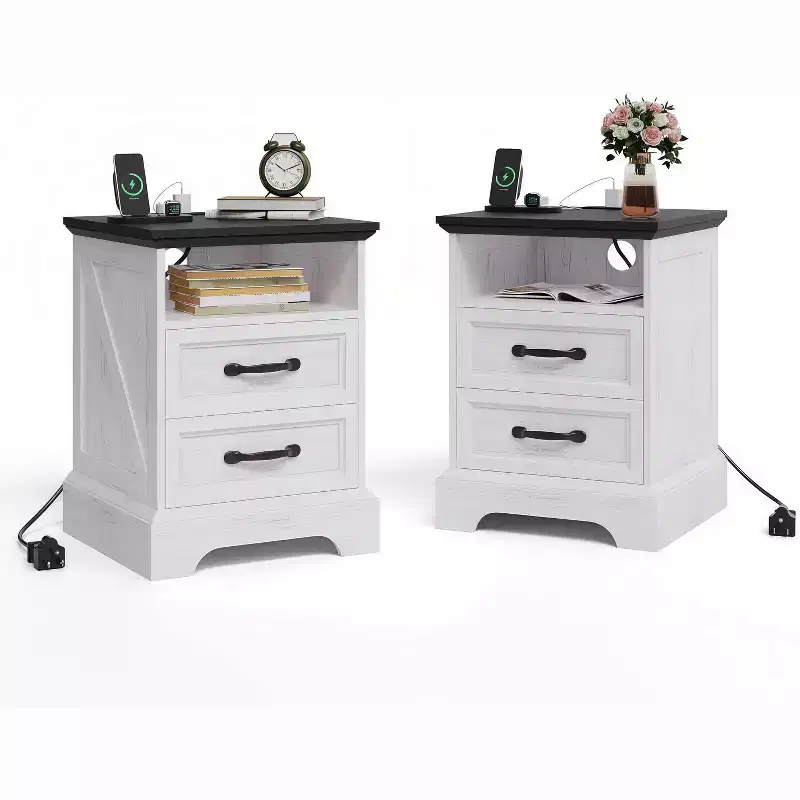 Farmhouse Nightstand Set of 2 with Charging Station - 24 Wide Rustic White End Tables with 2 Drawers for Bedroom
