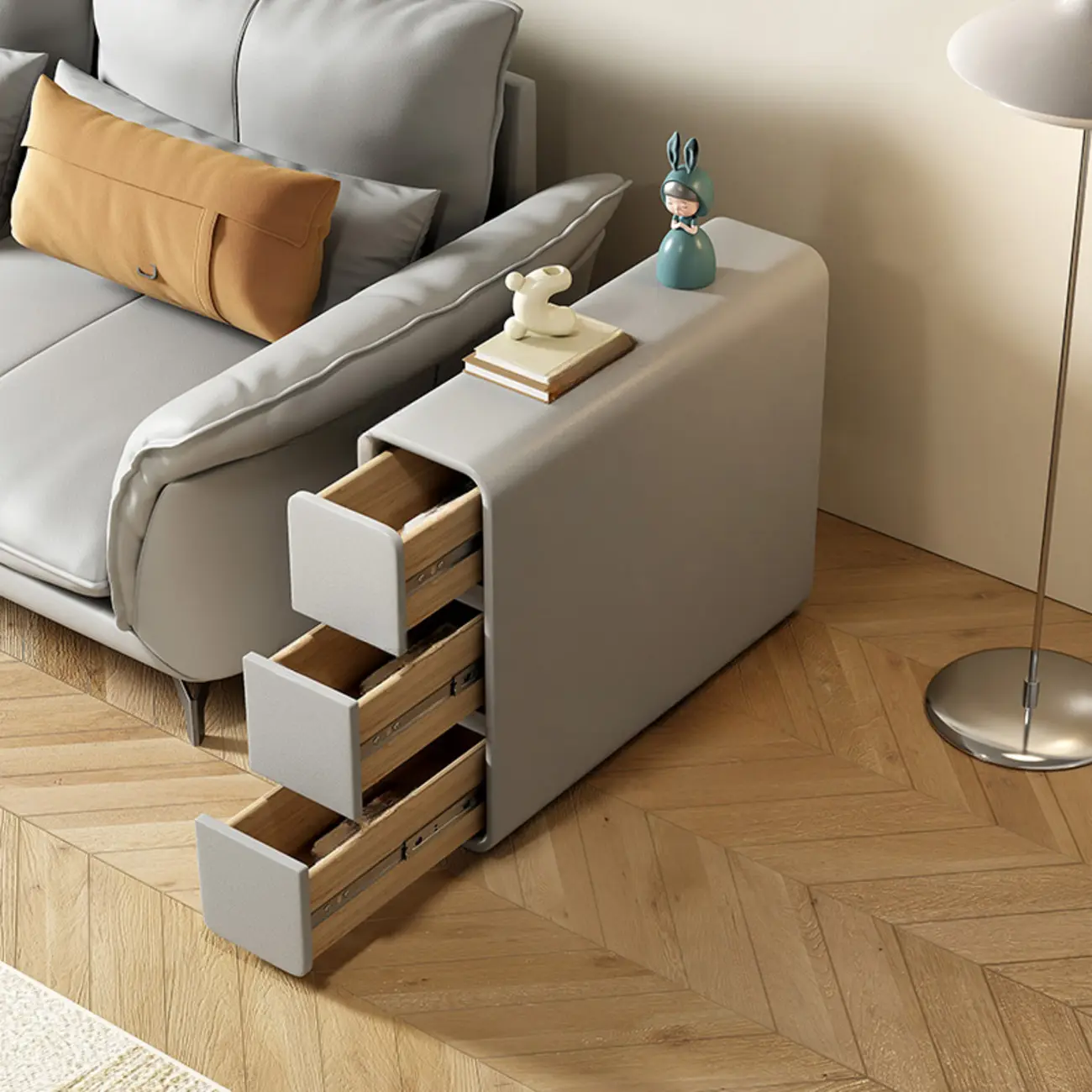 Sleek Rectangular Leather White 3 Drawers Narrow Side Table