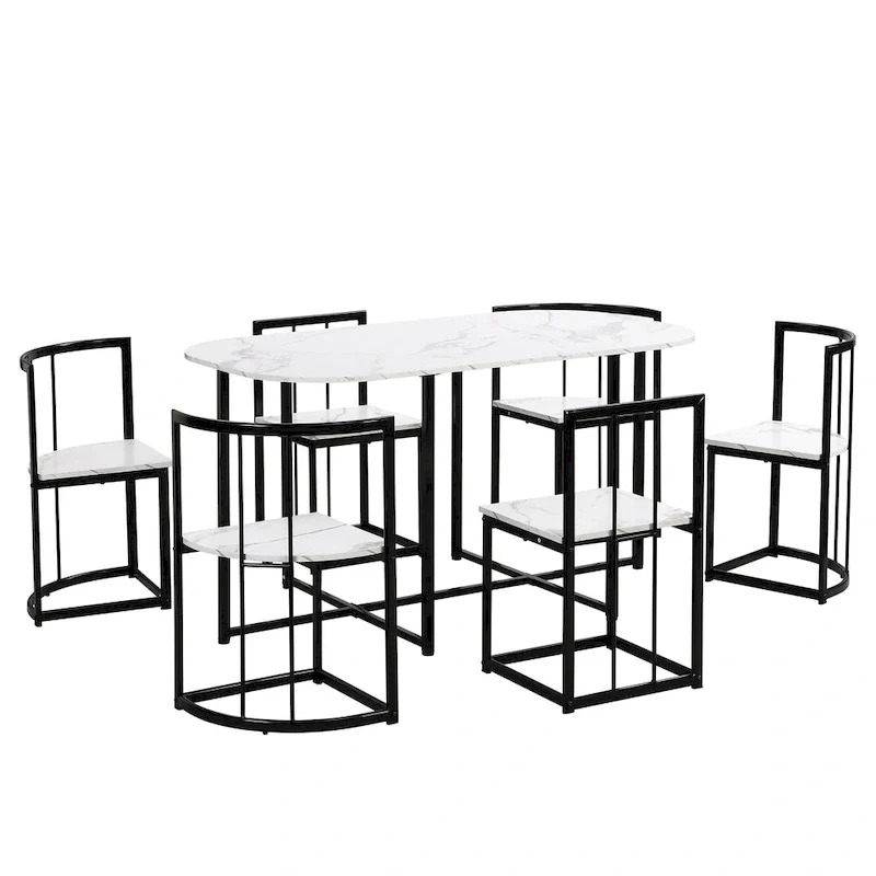 Modern 7-Piece Metal Frame Dining Table Set with Half-Round Table & 6 Chairs