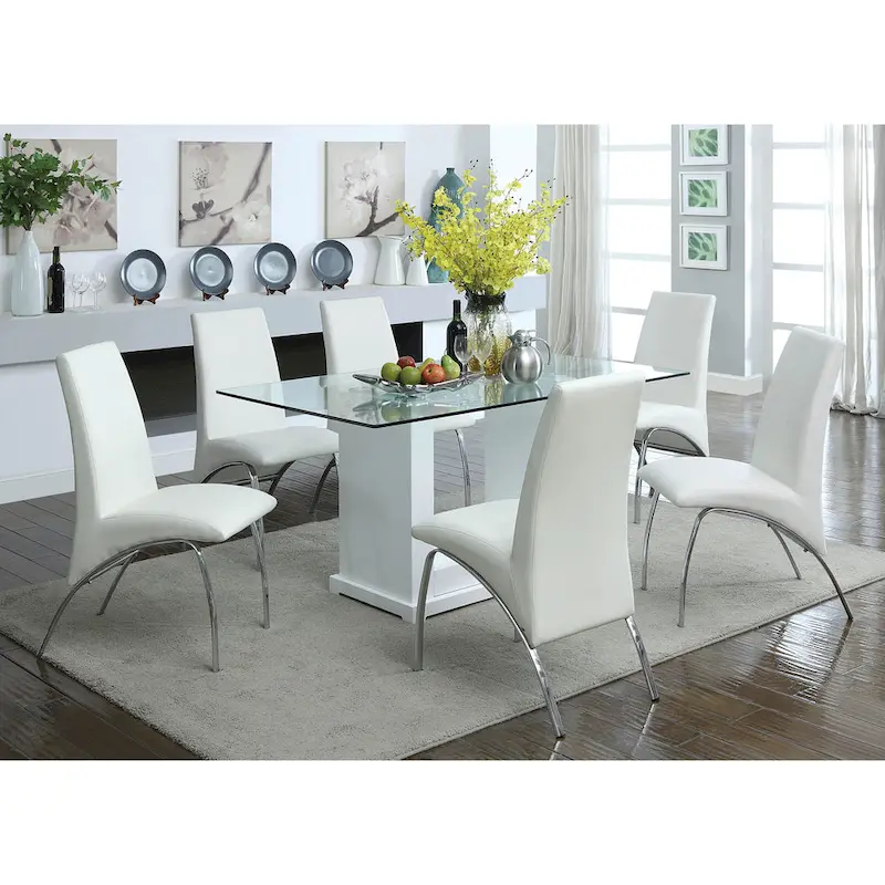 Contemporary White Glass Top 7-Piece Dining Table Set Seats 6