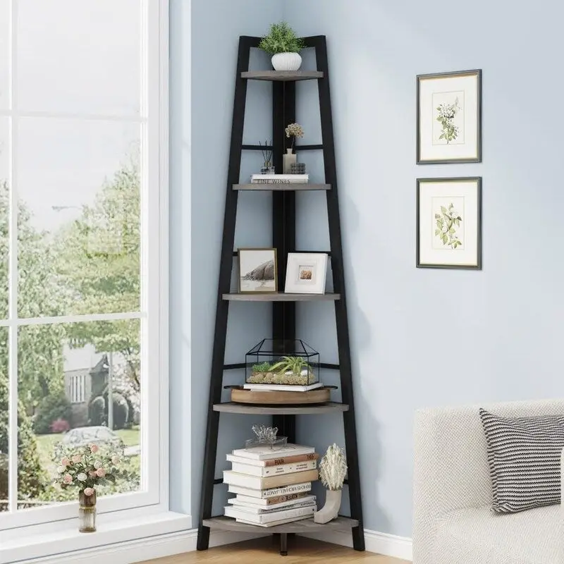 Dark Grey Oak 5-Tier Corner Bookshelf, Single-Person Assembly