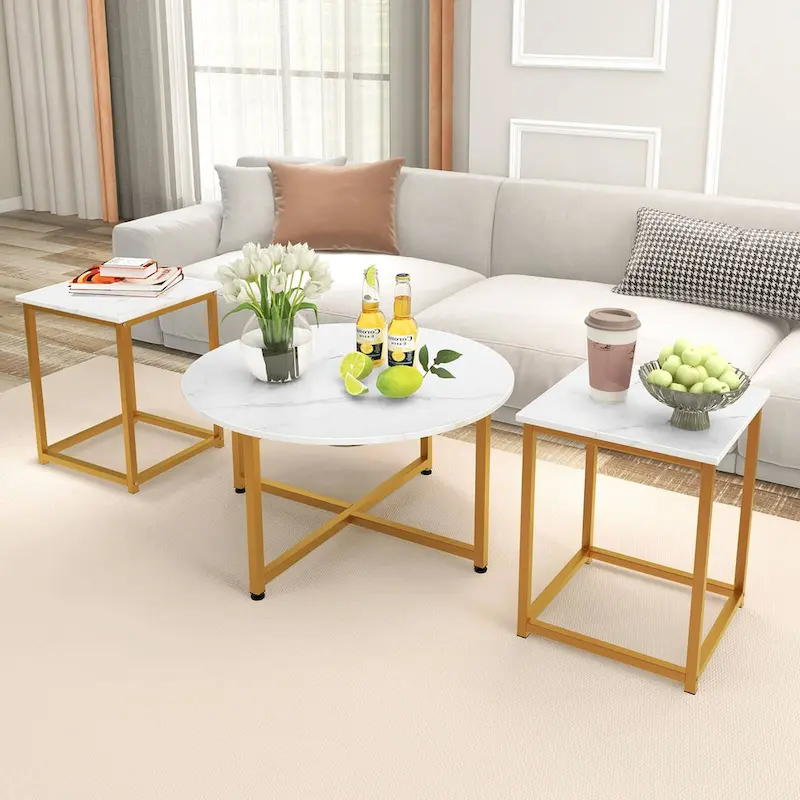 Costway 3 PCS Coffee Table Set Round Coffee Table and 2PCS Square End - See Details