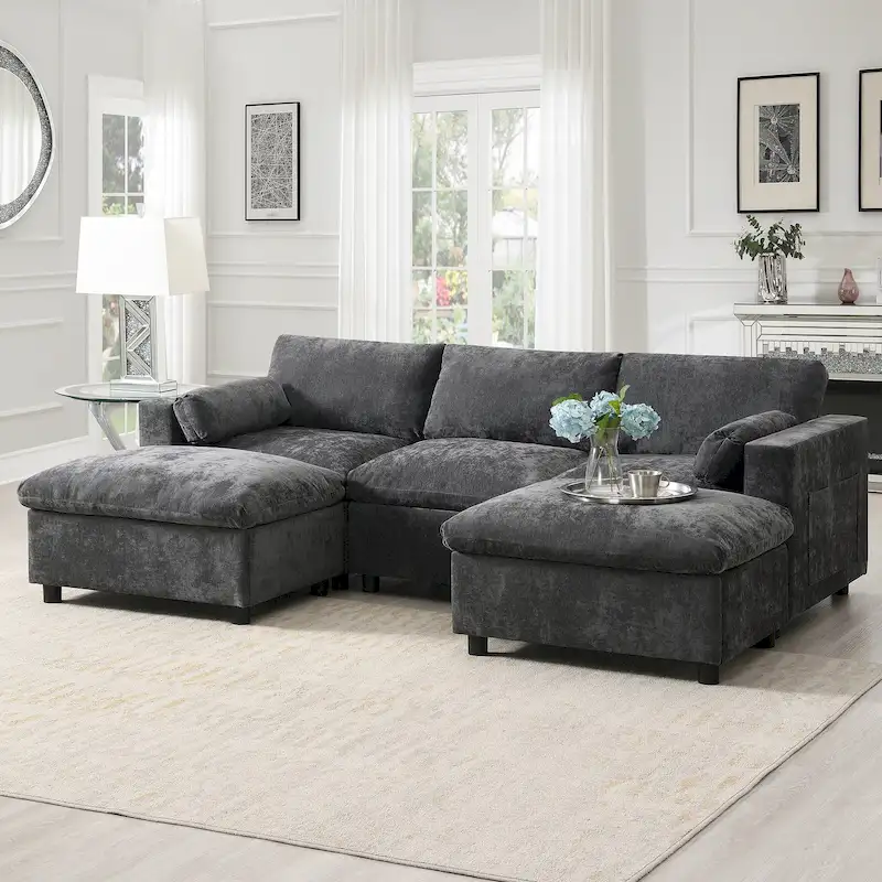 U Shaped Modular Sectional Sofa with Storage Pockets, Pillows, Ottoman