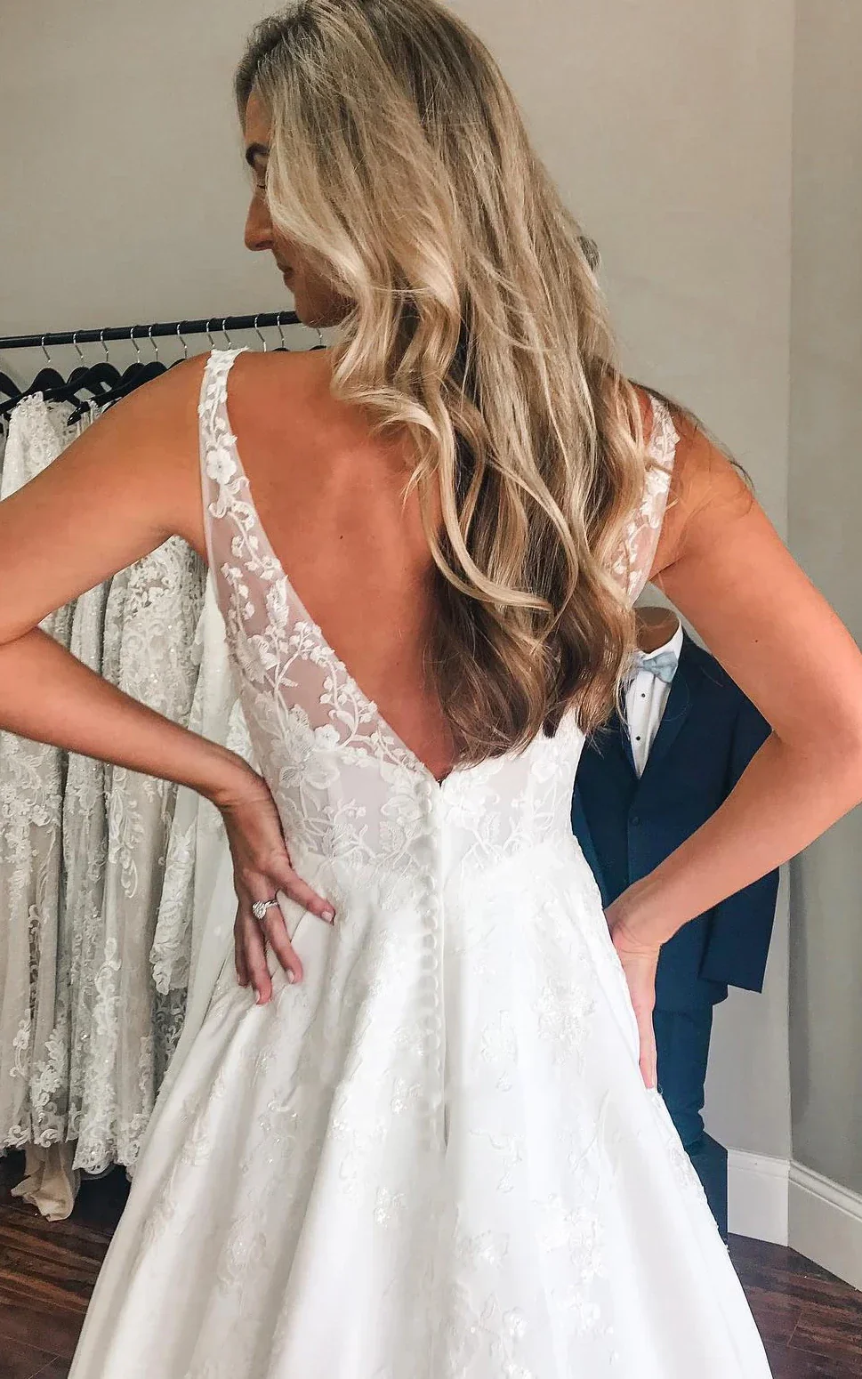 Plunging Neckline A-Line Satin Wedding Dress With Low-V Back And Appliques