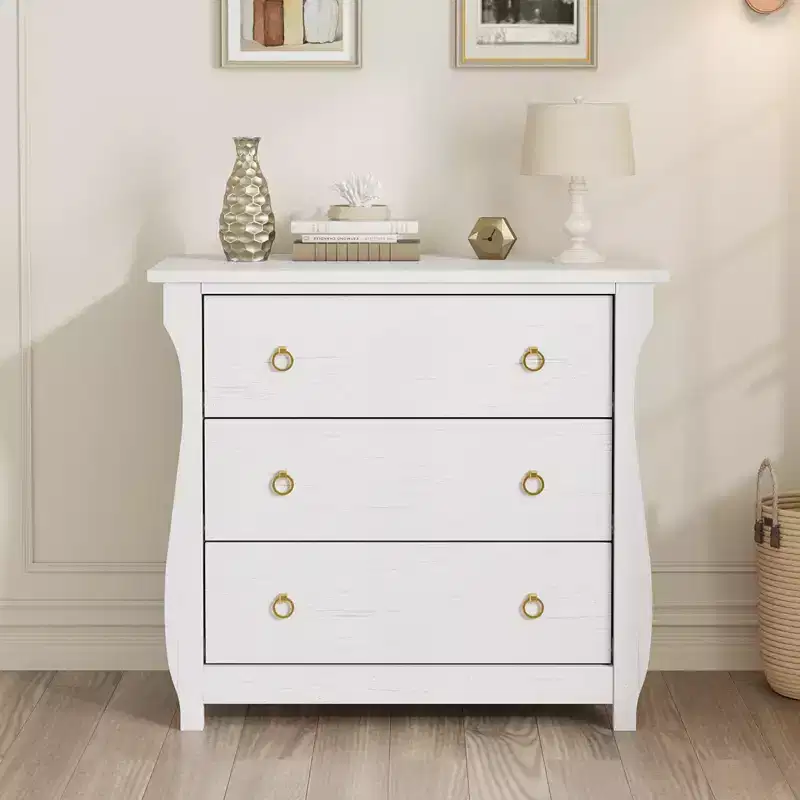 White 3-Drawer Dresser, Curved Legs, Boho Style, Single