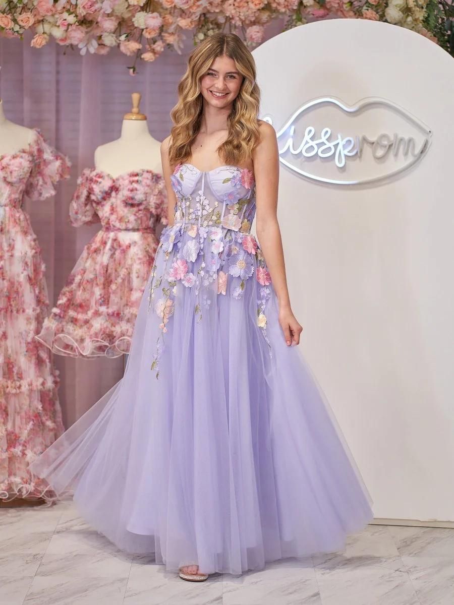 Lavender A-Line Strapless Tulle Homecoming Dress With 3D Flowers