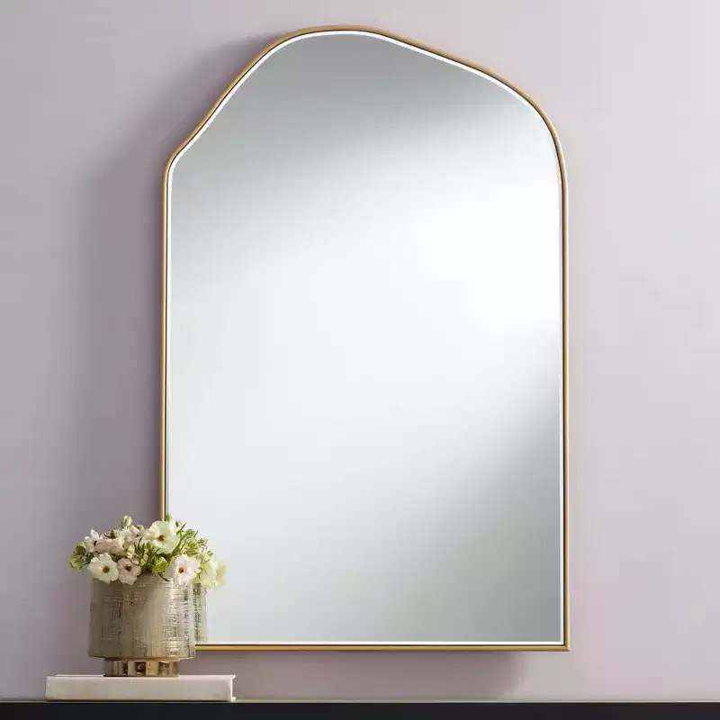 Noble Park Arch Top Vanity Wall Mirror Modern Beveled Glass Gold Wood Frame 26 Wide for Bathroom Bedroom Living Room Home Office