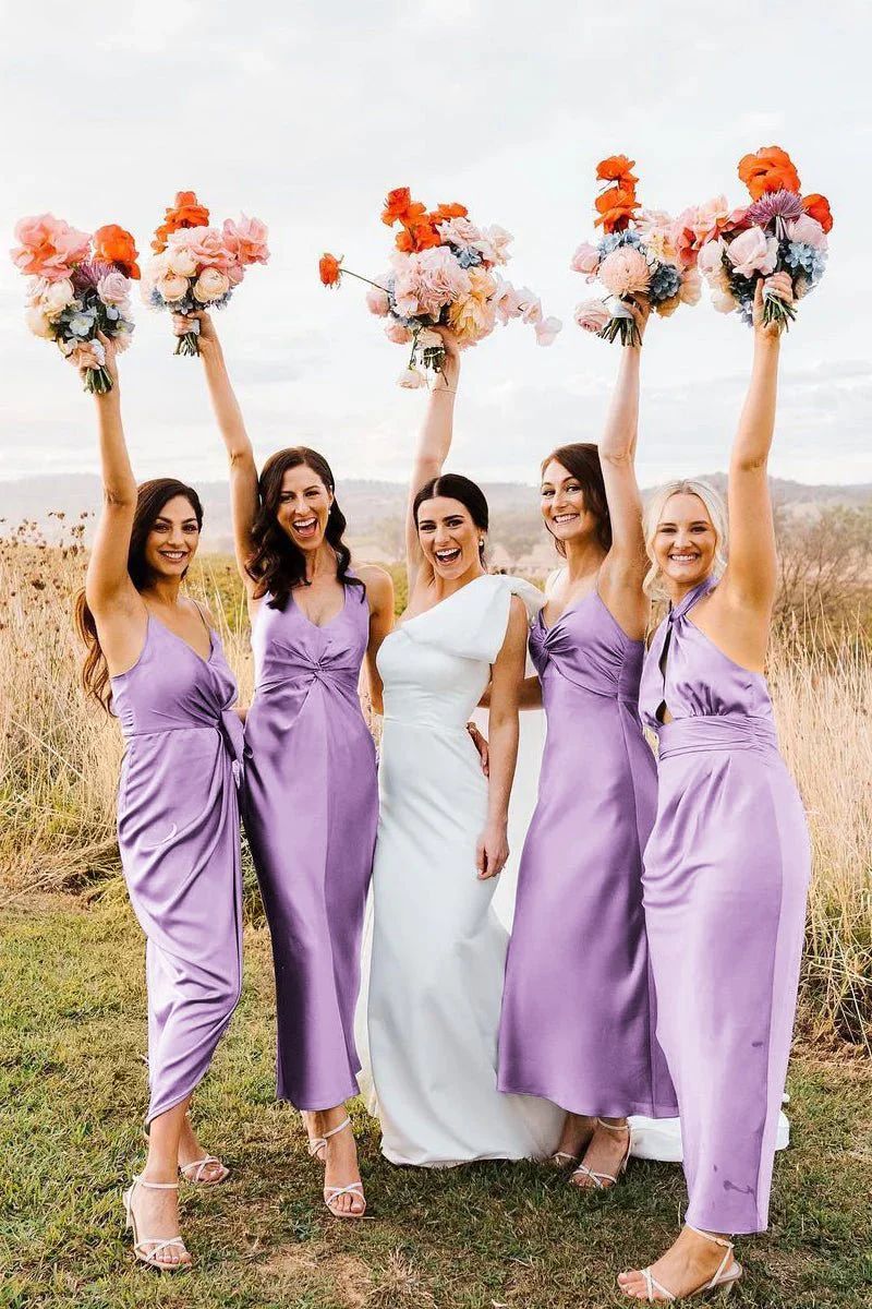 Elegant Sheath Halter Silk Satin Bridesmaid Dresses