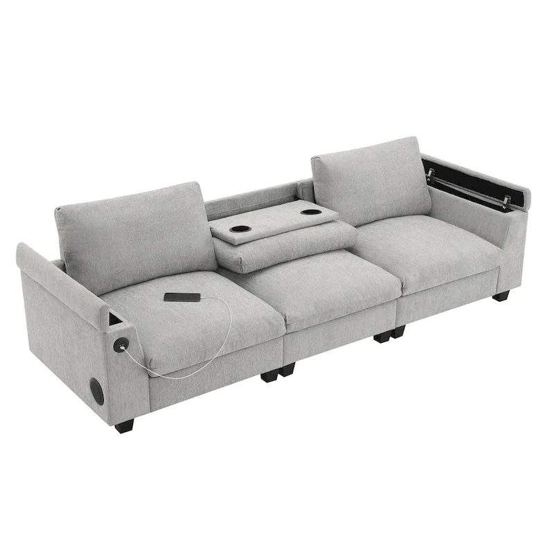 96 Chenille Smart Sectional Sofa with Bluetooth Speaker, Drop-Down Table & USB Charger and 3-Seater Cloud Couch