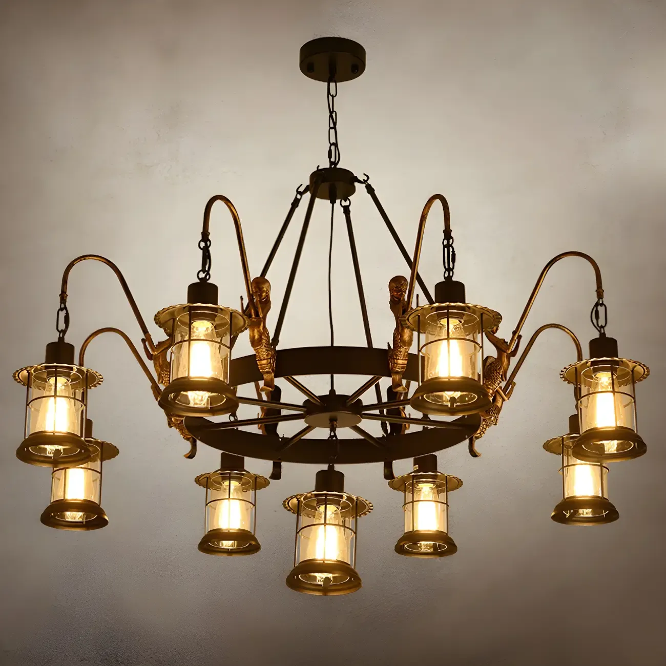 Industrial Black Metal Lantern Wheel Chandelier