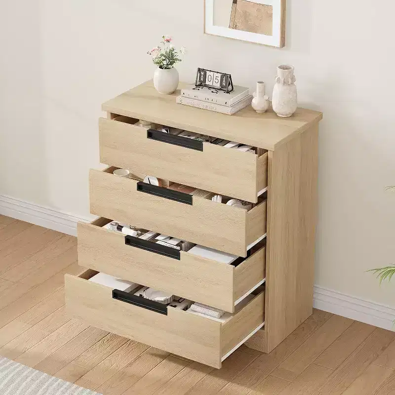 Embedded-handle design four-drawer cabinet, wooden drawer unit, space-saving compact storage cabinet, suitable for living rooms and hallways.