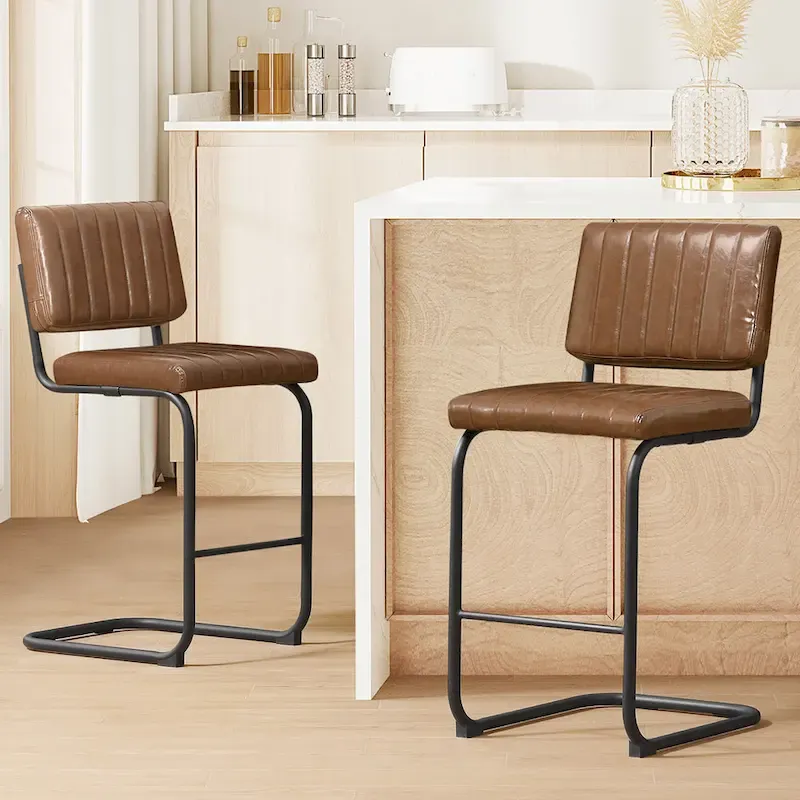 Brown Faux Leather Counter Stool with Chrome Frame