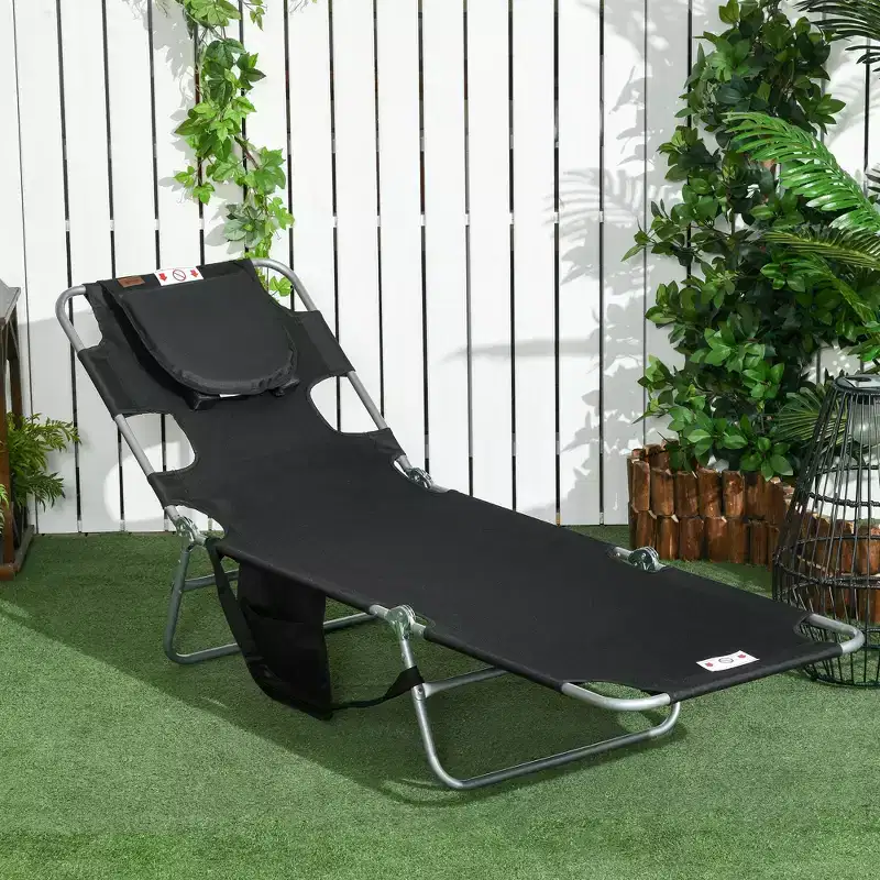 Folding Outdoor Chaise Lounge Sun Tanning Chair with Face Cavity, Pillow, 5-level Adjustable for Beach, Pool