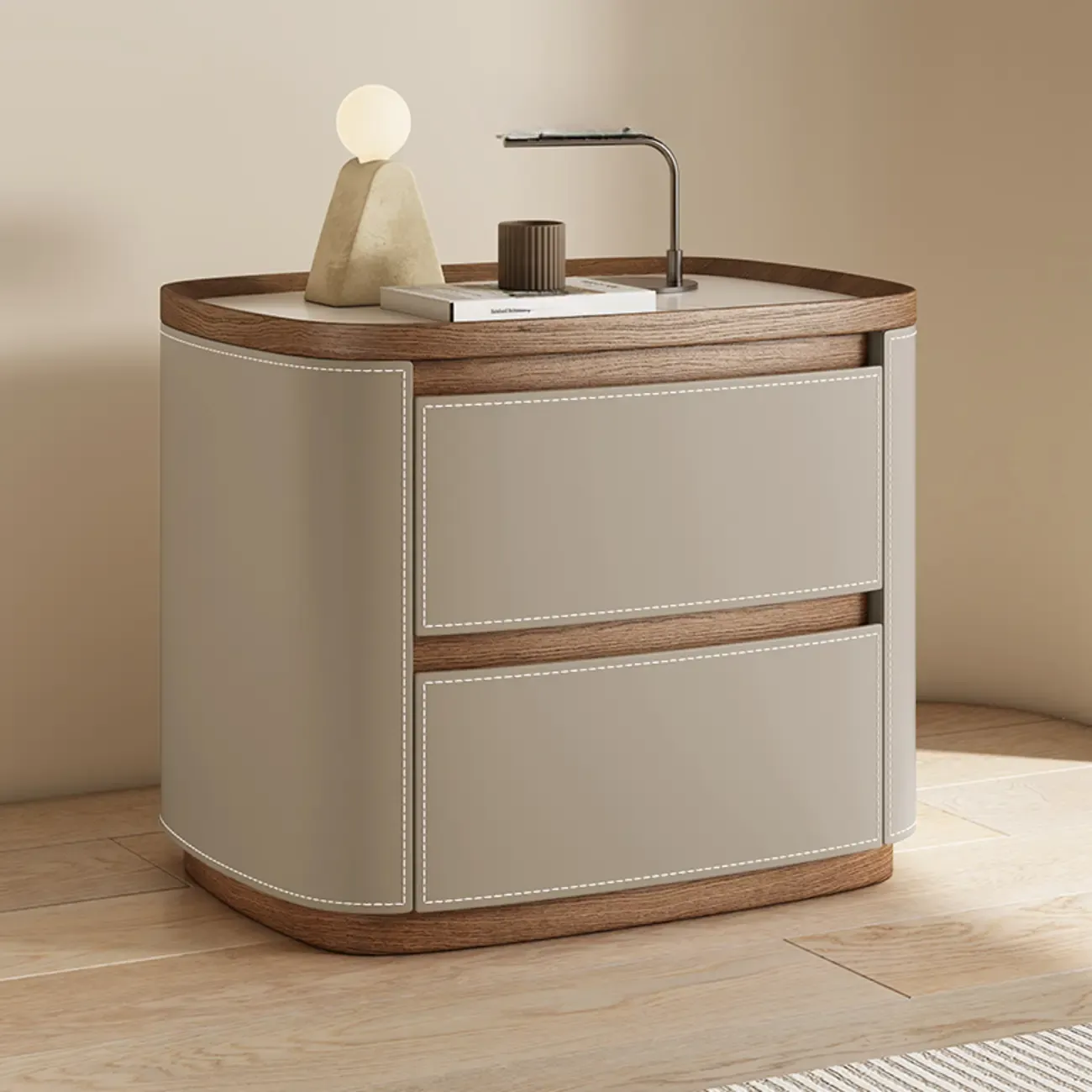 Trendy Low Tray-Top 2 Layer Solid Wood Nightstand