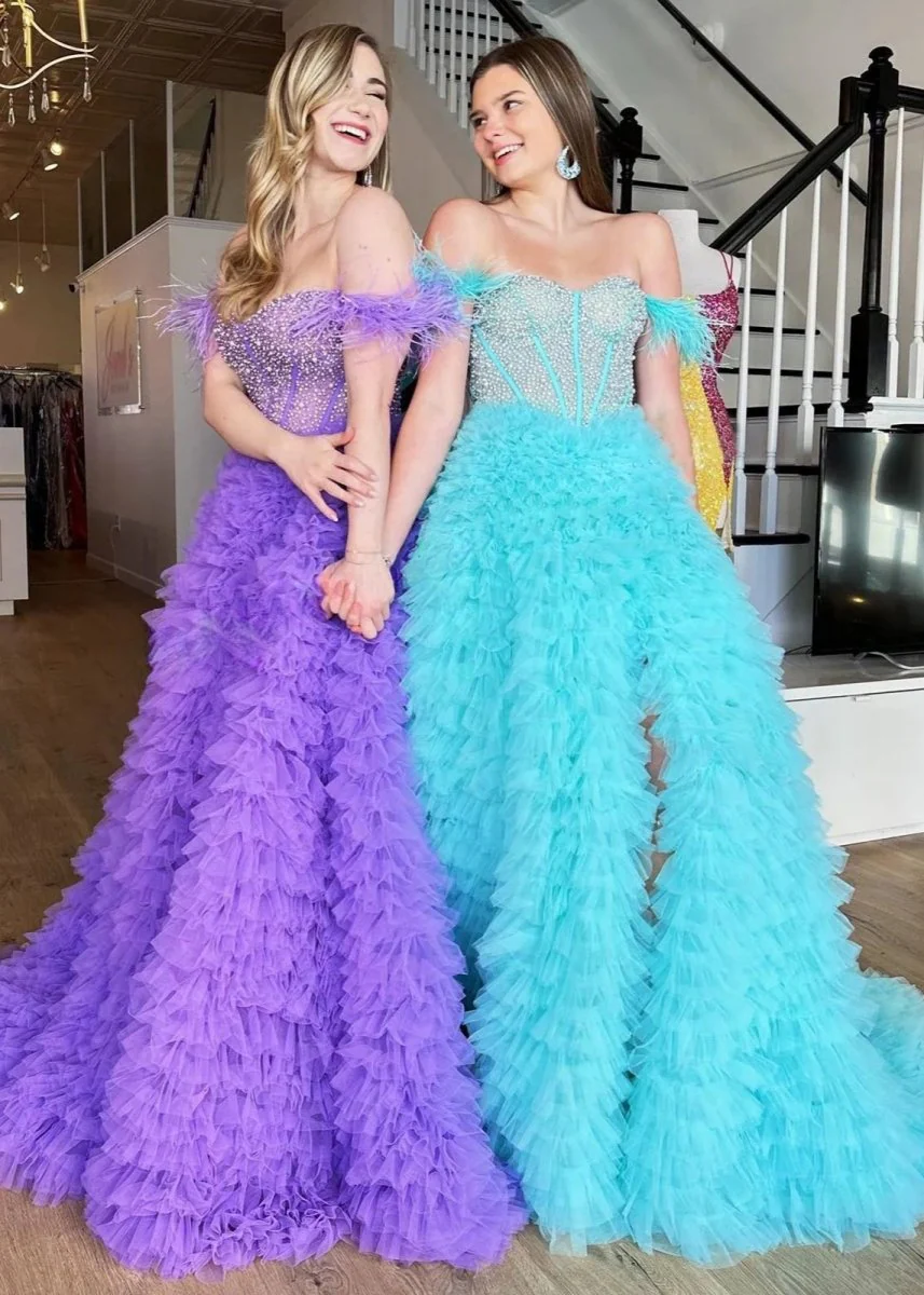 A Line Off the Shoulder Tiered Tulle Prom Dress With Slit