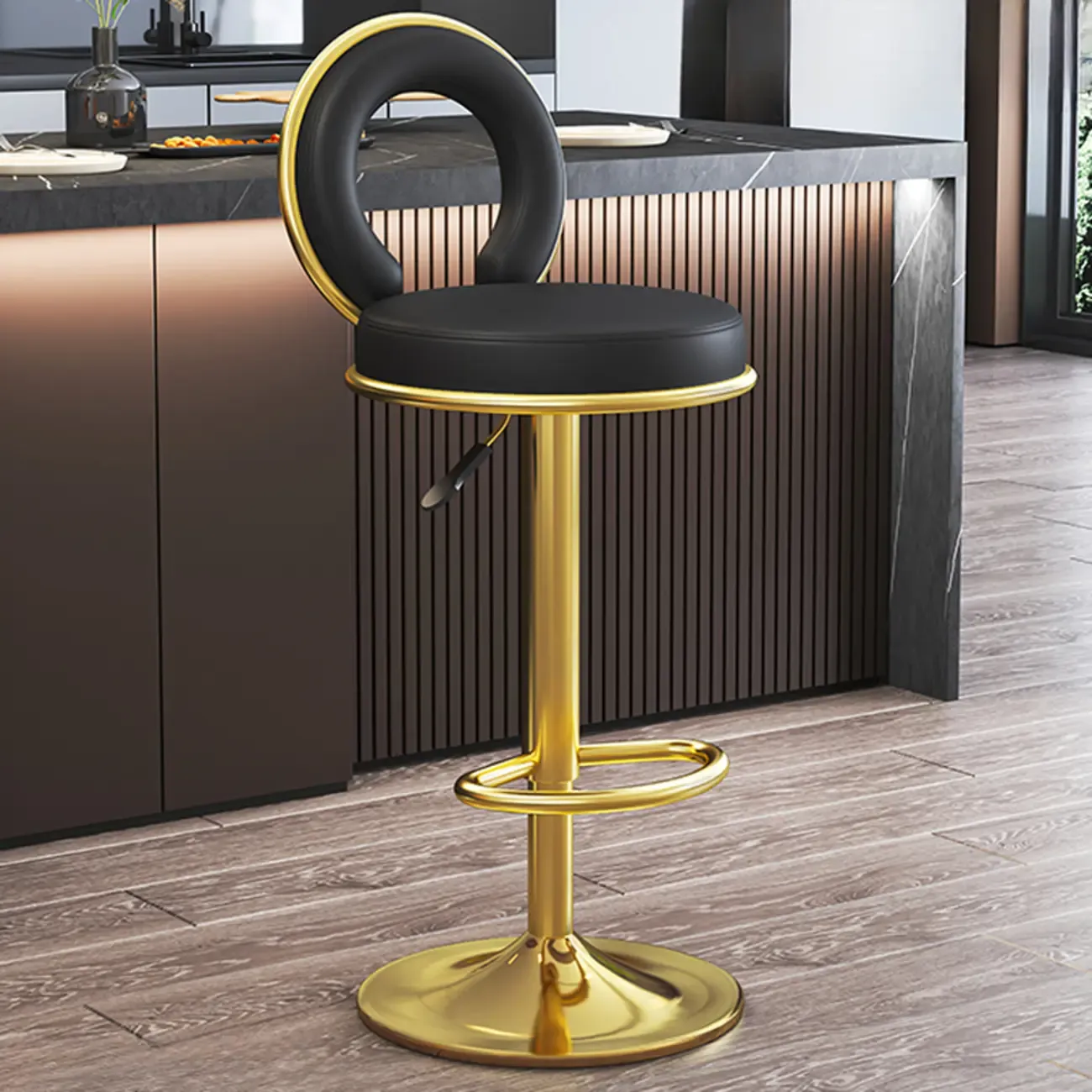 Glam Round Adjustable Leather Swivel Bar Stool with Back