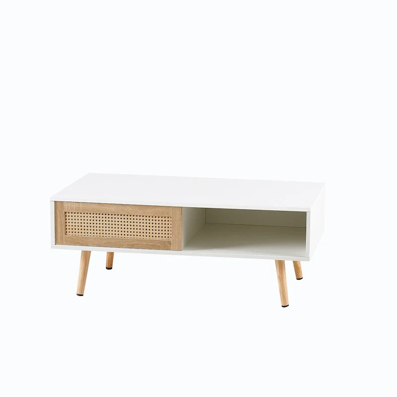 Rectangle Rattan Coffee Table with Storage, White / Natural