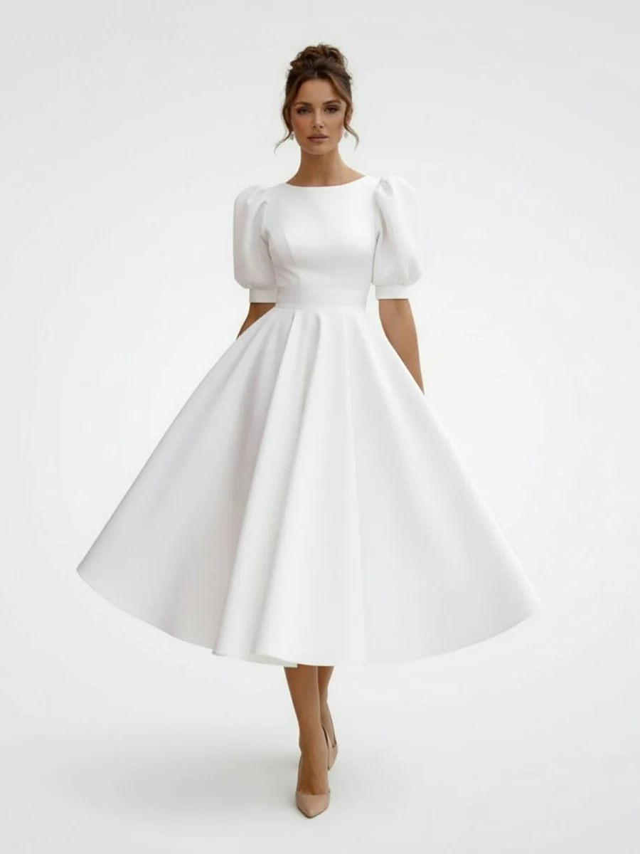 Elegant Bateau A Line Satin Knee-length Wedding Dress