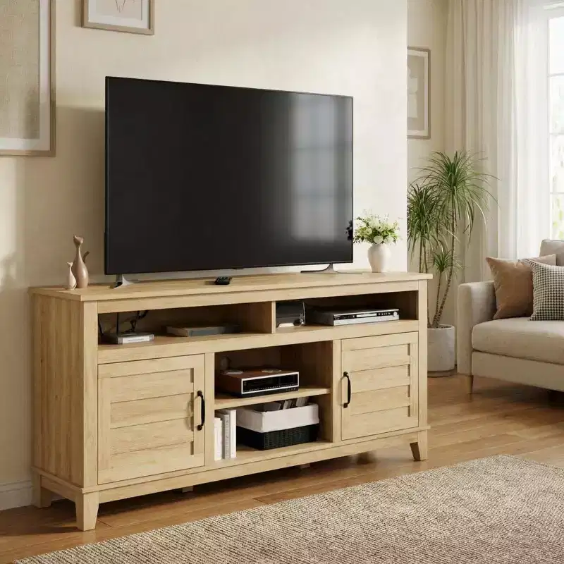 Farmhouse TV Stand with Cabinet, for TVs Up to 63, Freestanding TV Entertainment Center with Open Shelves, for Living Room & Bedroom