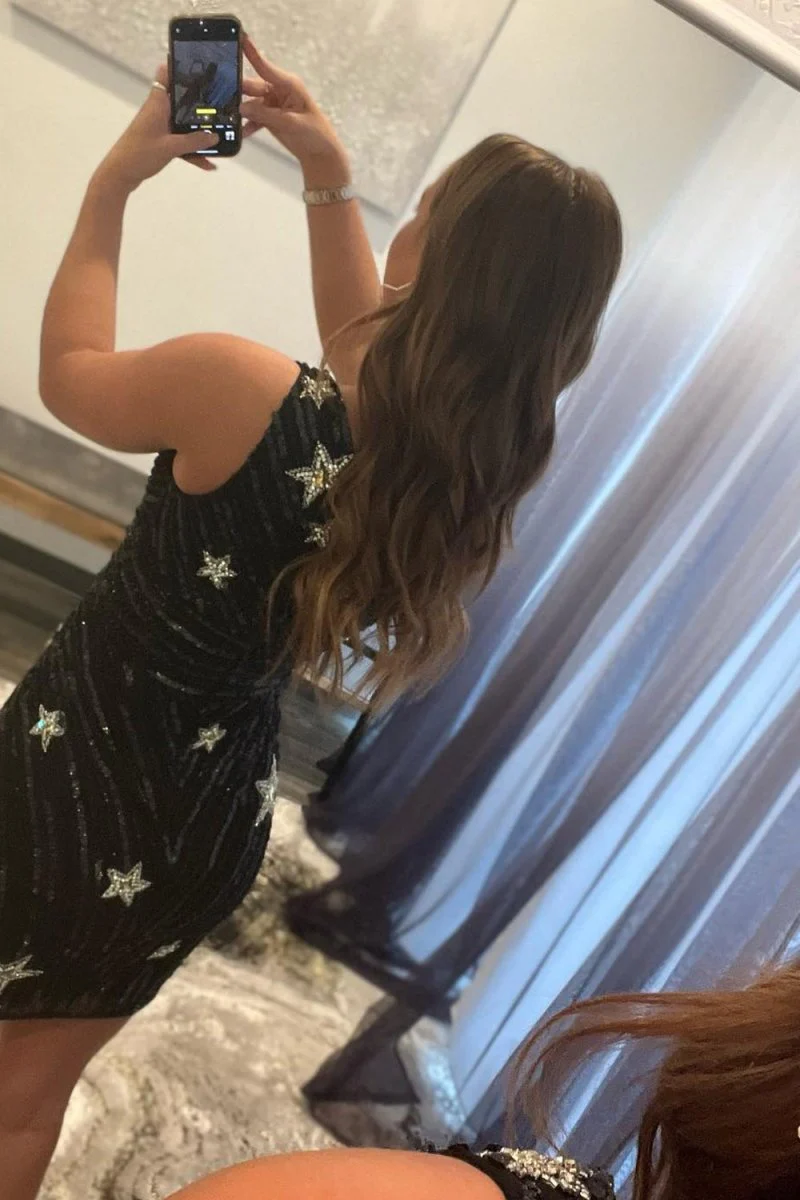 Sparkly Black Bodycon One Shoulder Sequin Star Mini Party Dresses