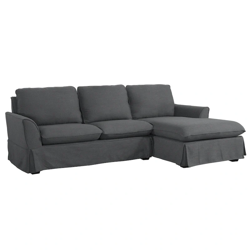 Grey Linen Skirted L-Shape Sectional Sofa - Right Facing