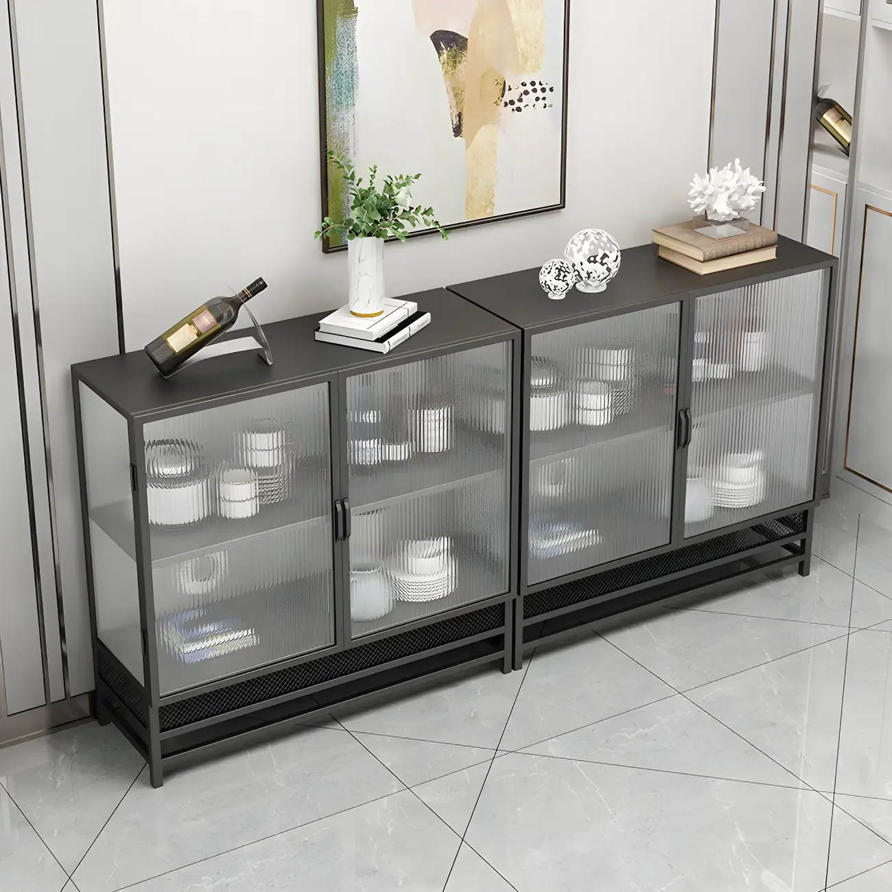 Rectangular Metal Black Glass Doors China Cabinet
