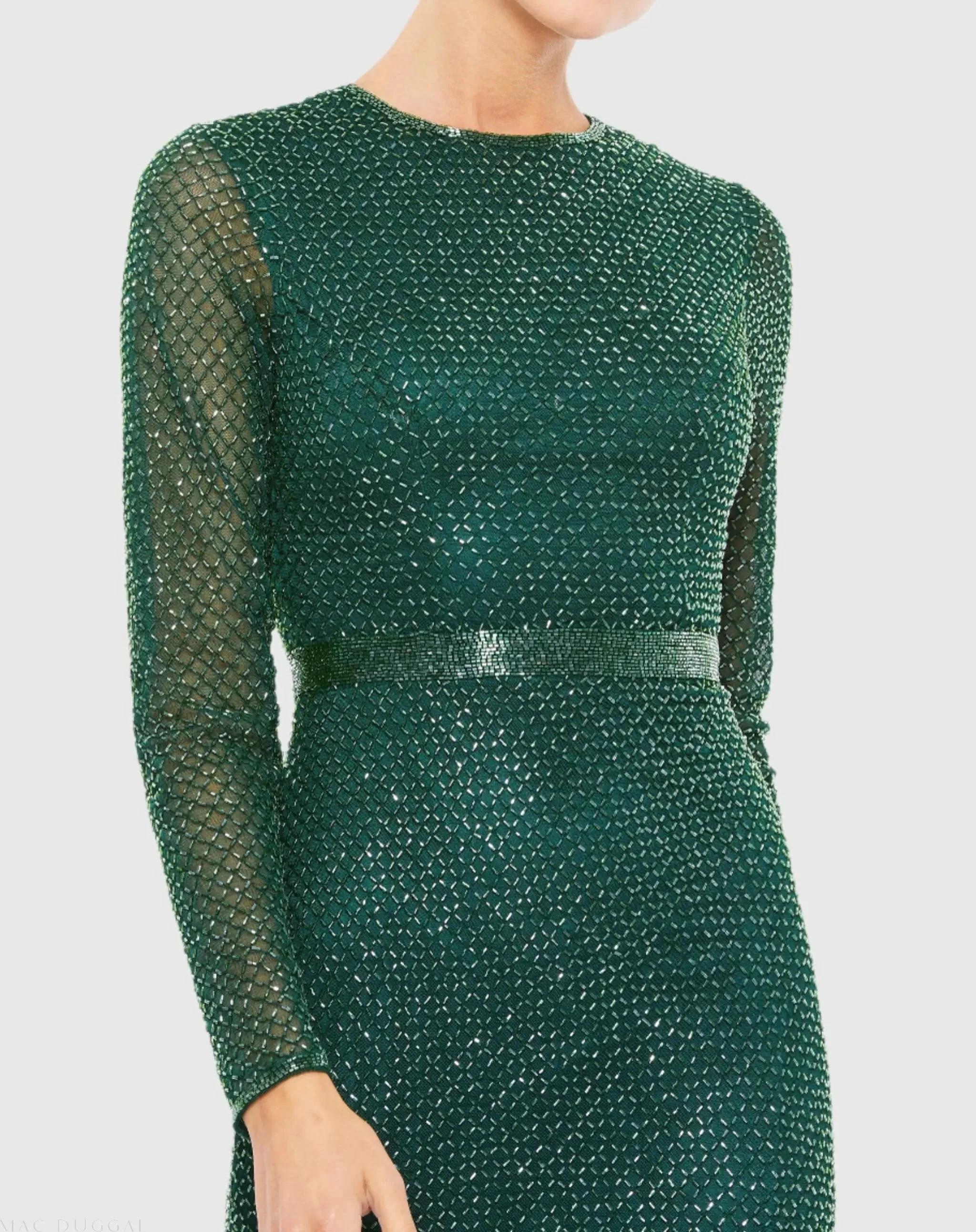 Green Beaded High Neck Long Sleeve Gown With Detailed Belt