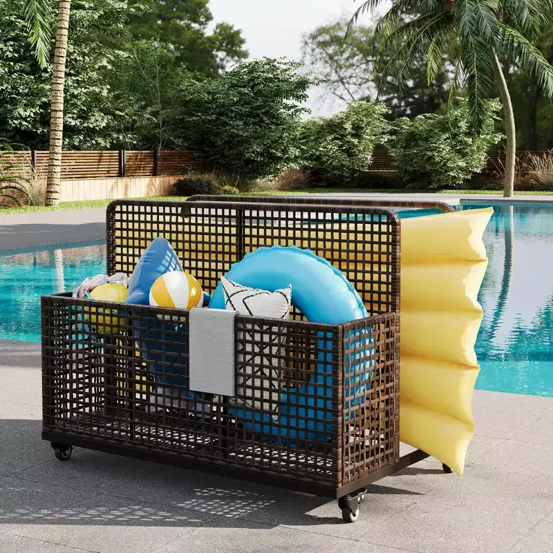 Pool Float Storage Organizer with Rolling Wheels, Outdoor All-Weather Wicker PE Rattan Pool Caddy & Toy Storage Basket for Poolside,Patio & Deck