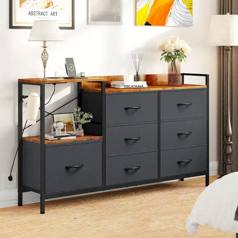7-drawer Dresser Media Console with Charging Station, Shelves