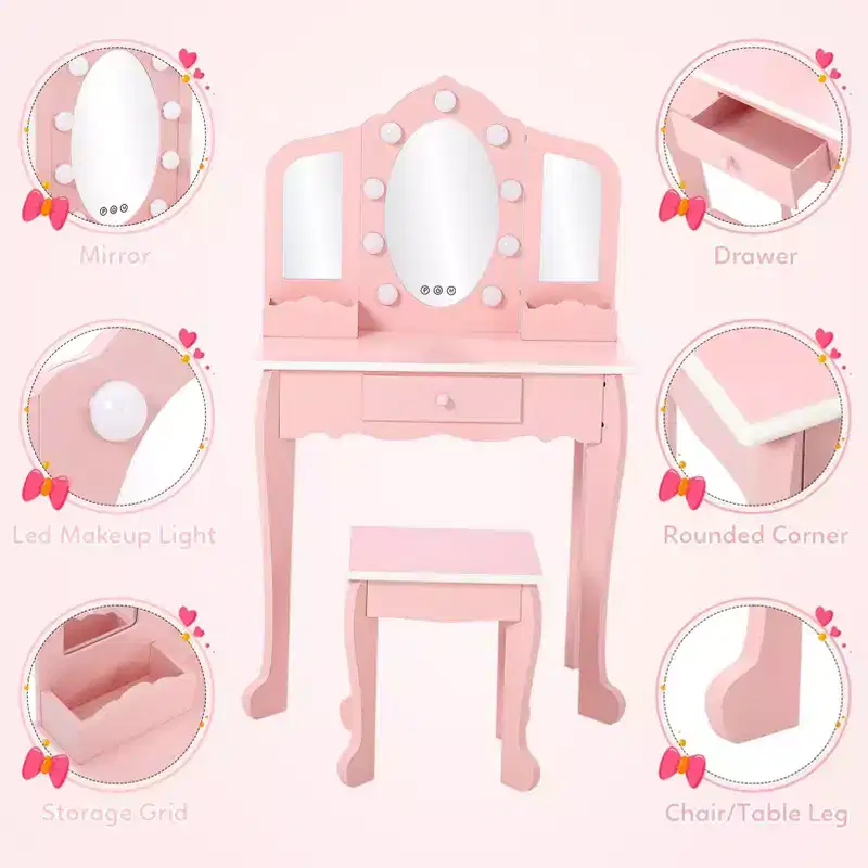 Kids Vanity with 3 Mirrors and Stool, Girls Vanity with Wood Makeup Playset, Princess Vanity Table for Toddlers