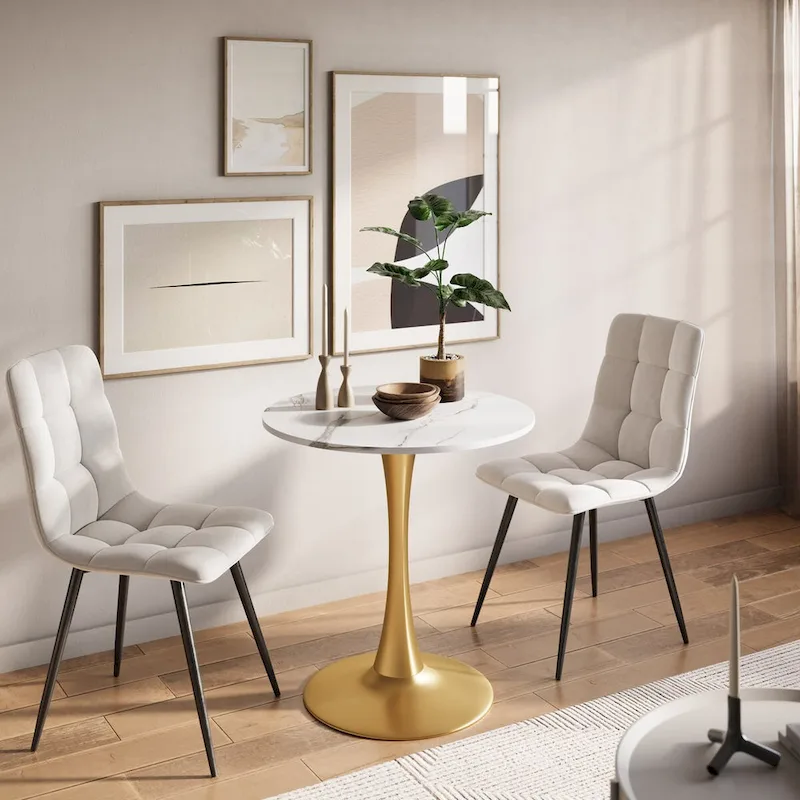 28-Inch Round Bistro Dining Table with Marble Finish and Gold Pedestal Base