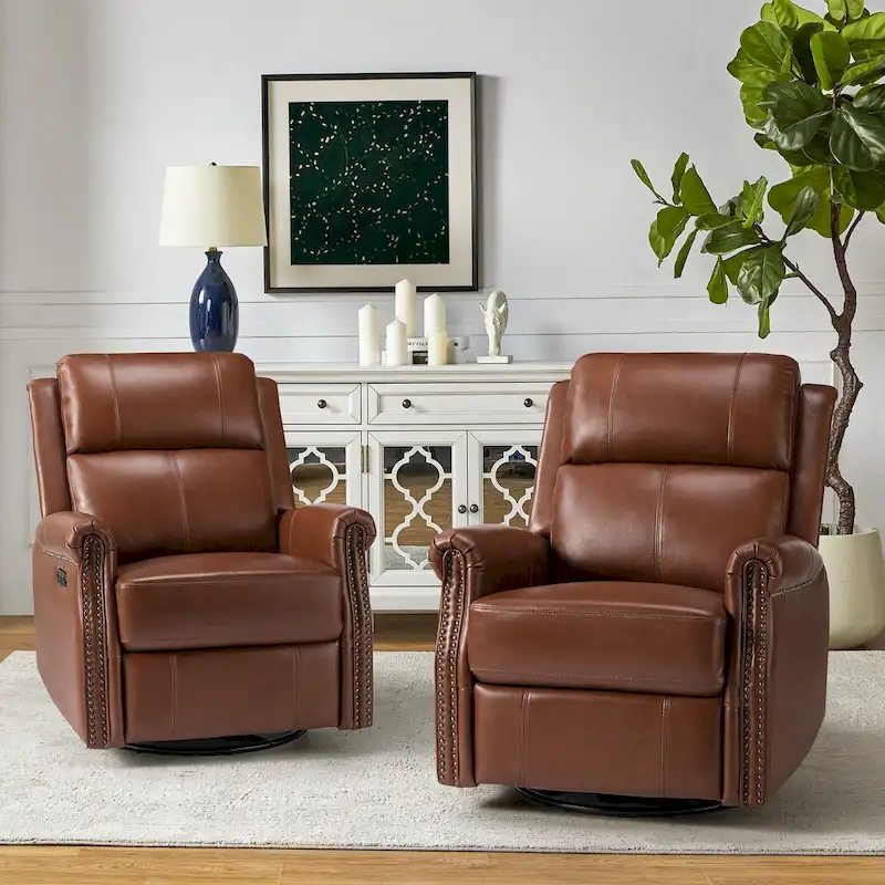 Renato Traditional Genuine Leather Nailhead Power Swivel Recliner Chair with Metal Base Set of 2 by HULALA HOME