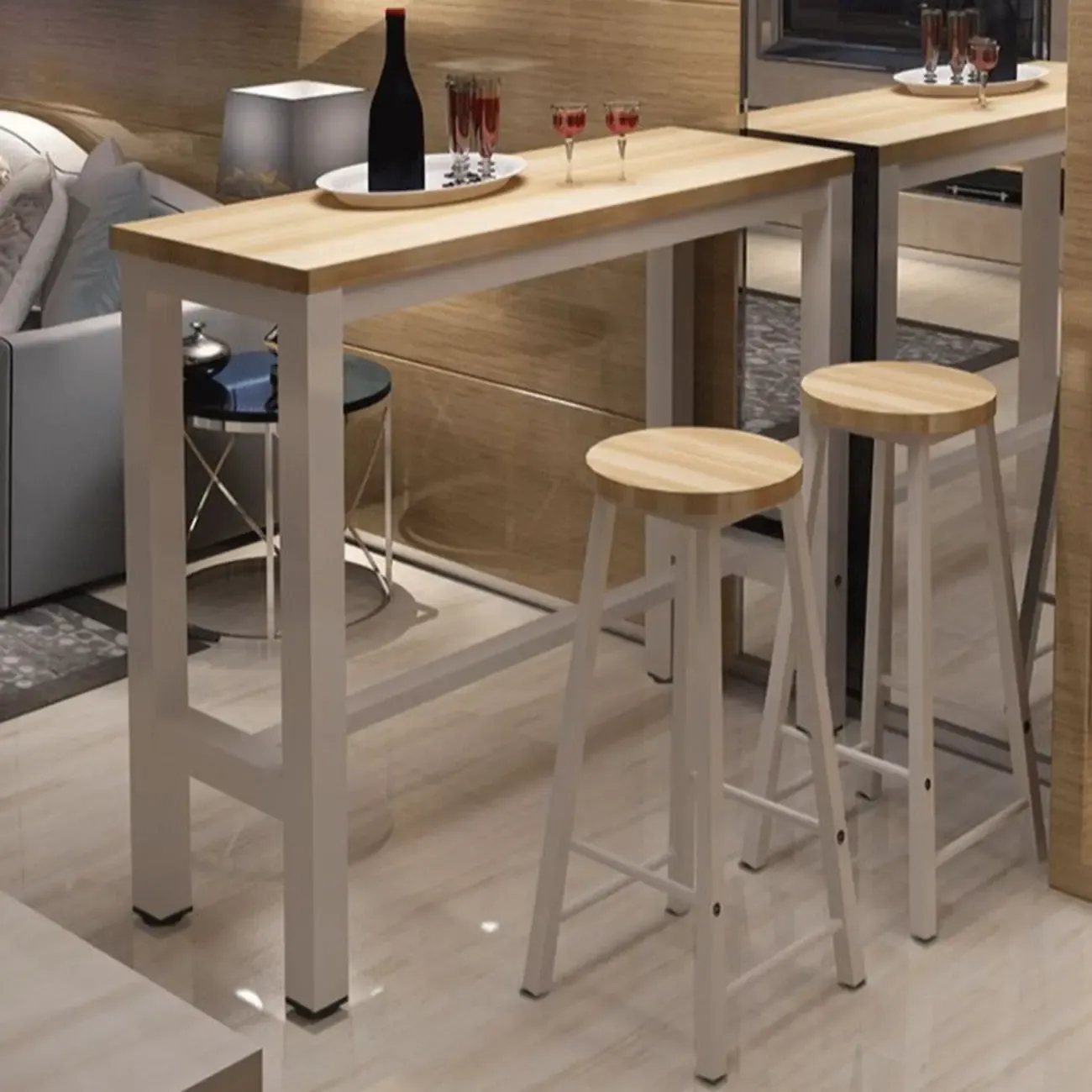Modern Bar Table with Wood Top and Metal Legs