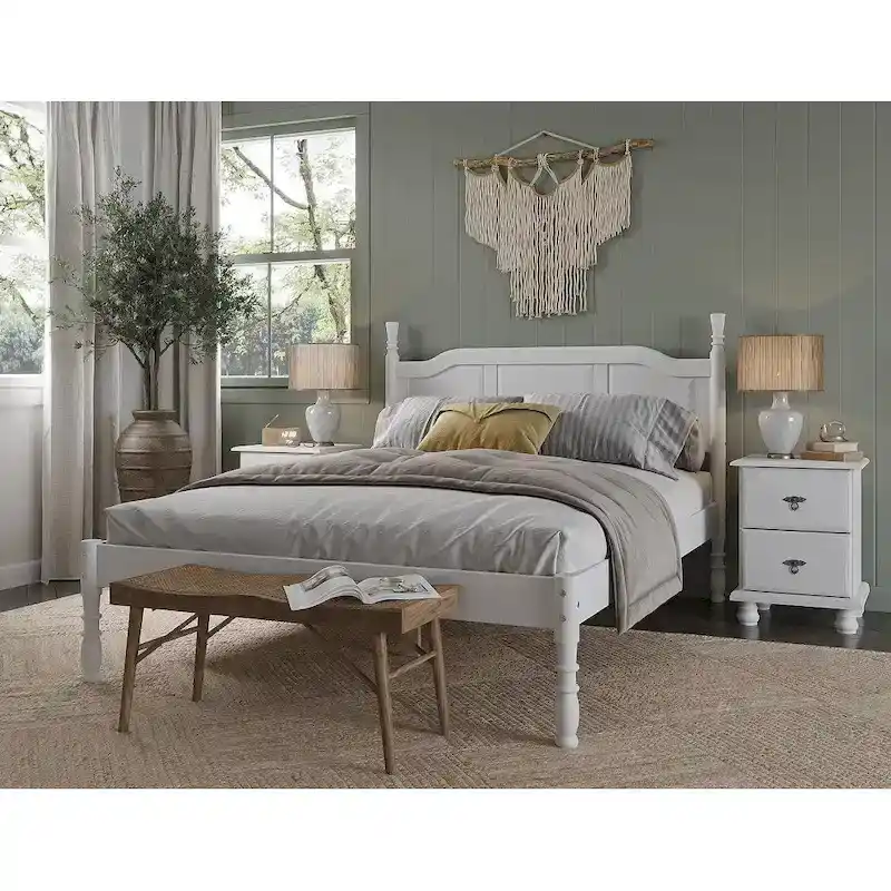 Queen Platform Bed – Solid Pine Wood, Raised Panel Headboard, Turned Posts