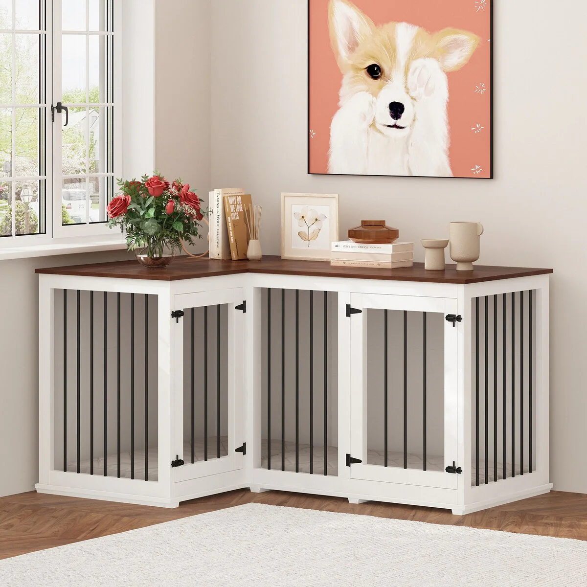 Large Corner Dog Crate Furniture for 2 Dogs, L Shape Dog Crate Cage - 58.7X41.1