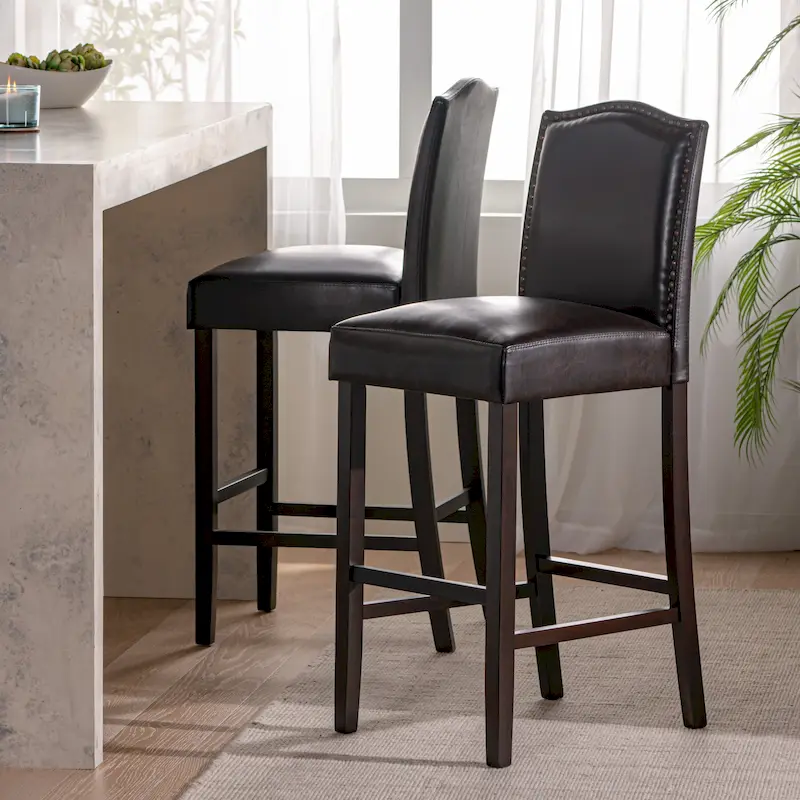 Modern Set of 2 Bar Stools with Leather Cushioned Backrests, Nailhead Trim, Solid Wood Legs for Dining Room Living Room Bar