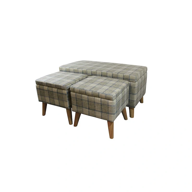 Beige/Gray/Blue/Brown Plaid Storage Ottoman 3-Piece Set with Wood Legs