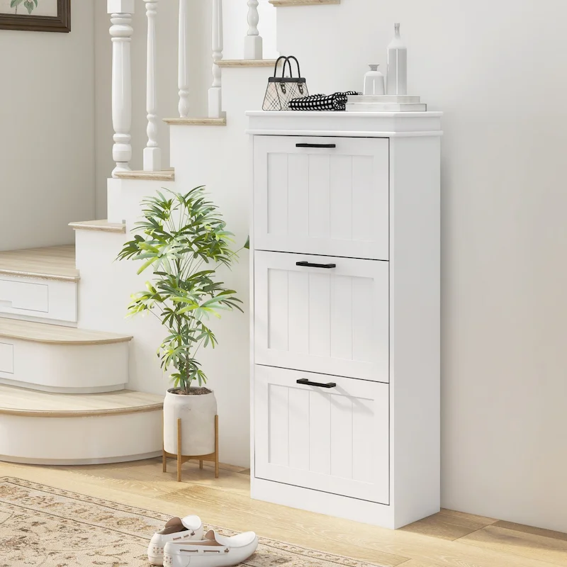 Shoe Cabinet for Entryway, Narrow Shoe Rack Storage Organizer with 3 Flip Drawers and Adjustable Shelves