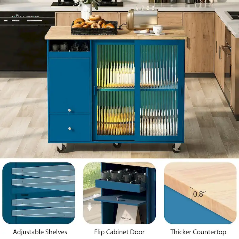 44 in. W Kitchen Island Rubber Wood Drop-Leaf Countertop on 5 Wheels with an Adjustable Shelf and 2 Drawers - 44