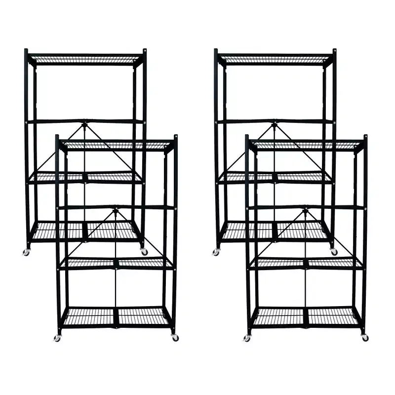 Origami 4 Tier Multipurpose Folding Storage Unit Rolling Organization Rack Bundled with Set of 4 Magnetic Wire Shelf Waterproof Liners, Gray