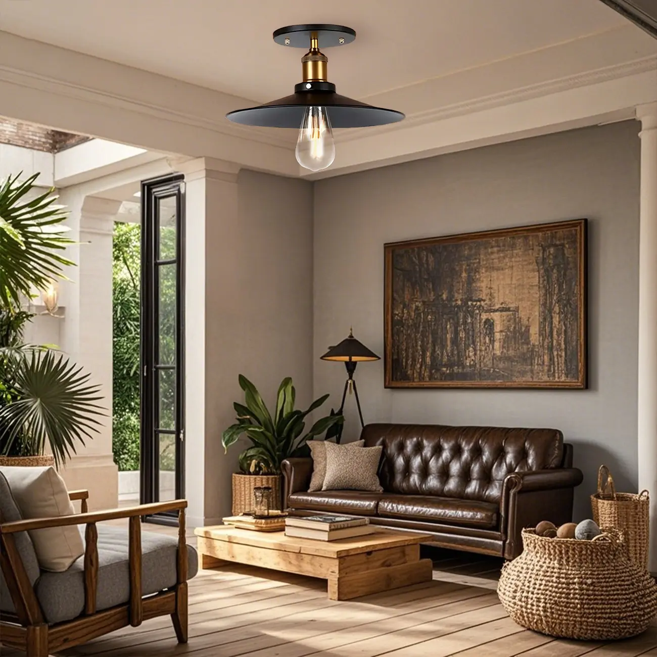 Industrial Black Cone Metal Semi Flush Ceiling Light