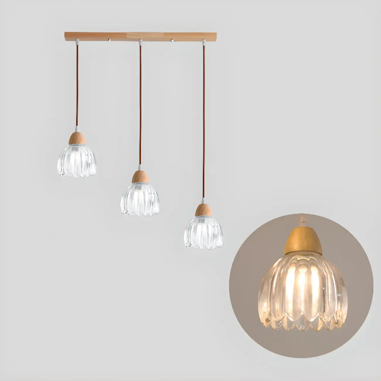 Glass Shade Wood Kitchen Island Pendant Light Adjustable Length