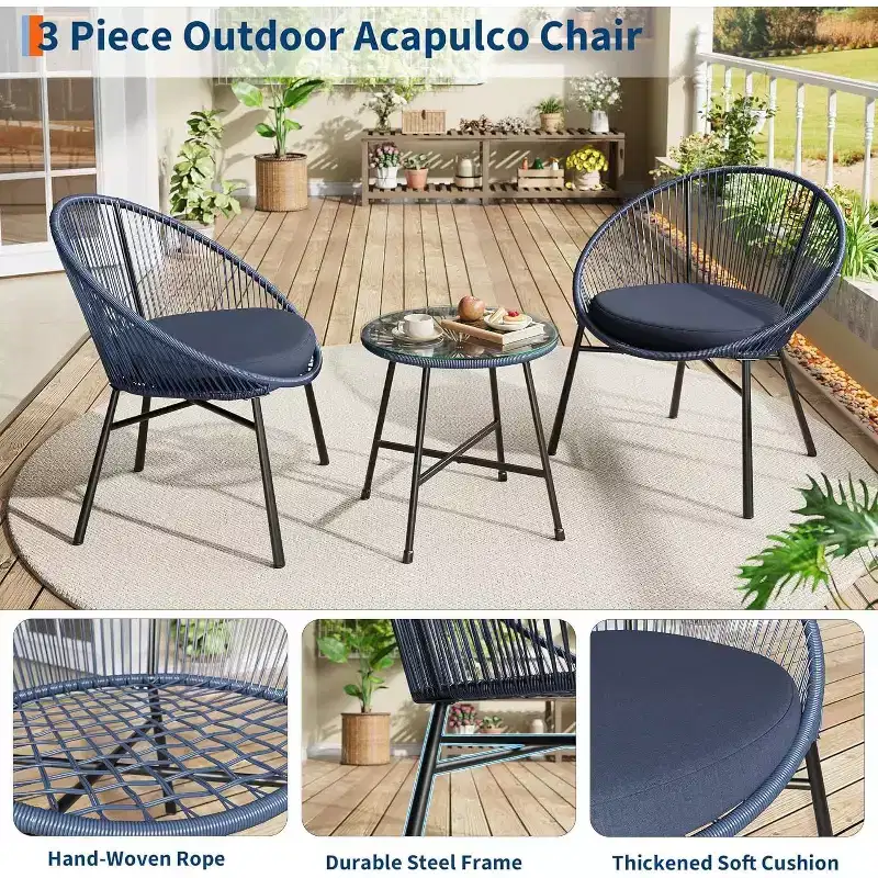 Acekool 3-Piece Outdoor Acapulco Patio Bistro Set,Cushioned Chairs & Glass Top Table, All-Weather Blue Chairs for Balcony, Pool, Garden, Backyard