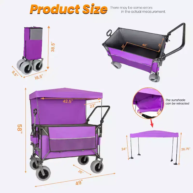 Multi-Functional Push-Pull Wagon with Canopy & 9x4 Beach Tires, Rotating Handle, 480 lbs 300L Capacity