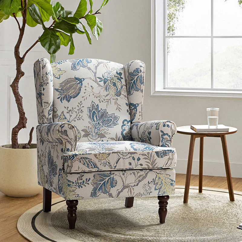 Wingback Armchair with Linen-Cotton-Viscose Blend Upholstery, Pocket Spring & Foam Fill | Tan / Blue / Green / Brocade | Single Seat