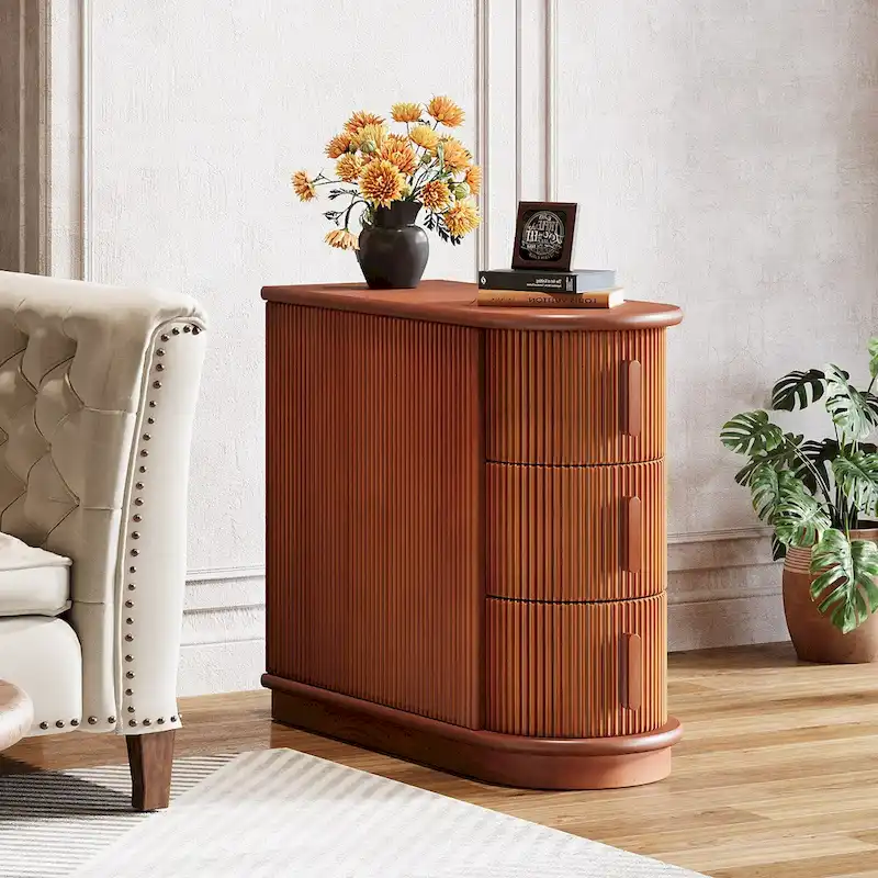 Semi-Oval 3-Drawer Solid Wood Side Table – Walnut / White, Roman Line Detail, Seats 1