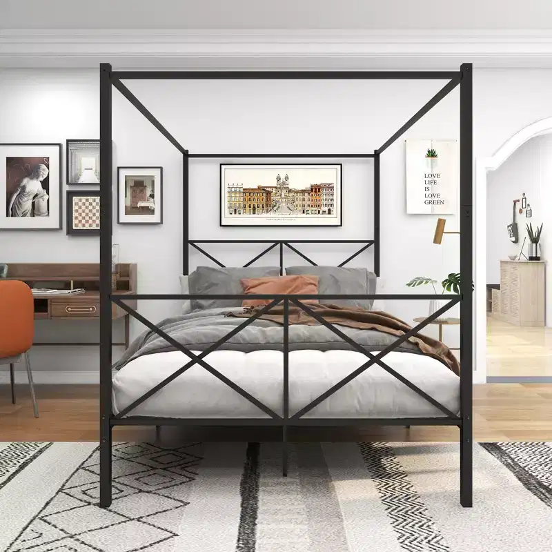 MAYEERTY Queen Size Metal Canopy Bed Frame with Vintage Headboard & Footboard, Noise-Free for Bedroom