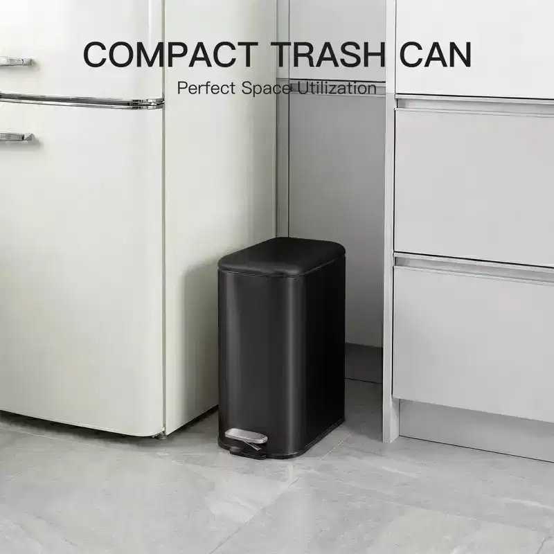 Slim Soft Close Stainless Steel Trash Can with Odor Seal Lid, Portable Handle, Step Foot Pedal, Compact Hands for Kitchen, Bathroom, Office, Bedroom