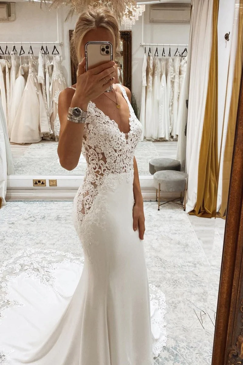 Mermaid White Deep V-Neck Long Wedding Dress with Lace Appliques