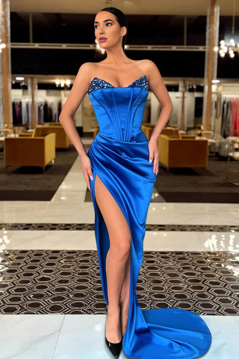 Sky Blue Strapless Satin Beaded Long Prom Dress With Split